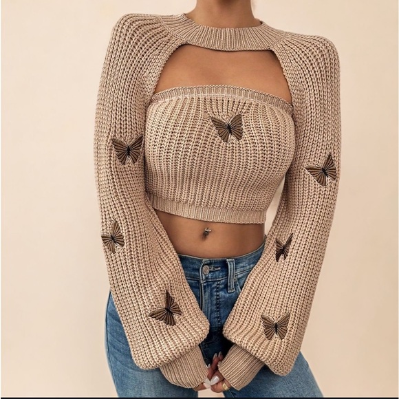 Comfy Butterfly Long Sleeve Shrug Strapless Cropped Knit Sweater Top Set - Picture 1 of 2